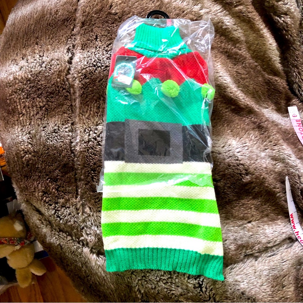 Dog Christmas Elf Themed Sweater - Super Cute Pom-Pom details - LARGE - NWT